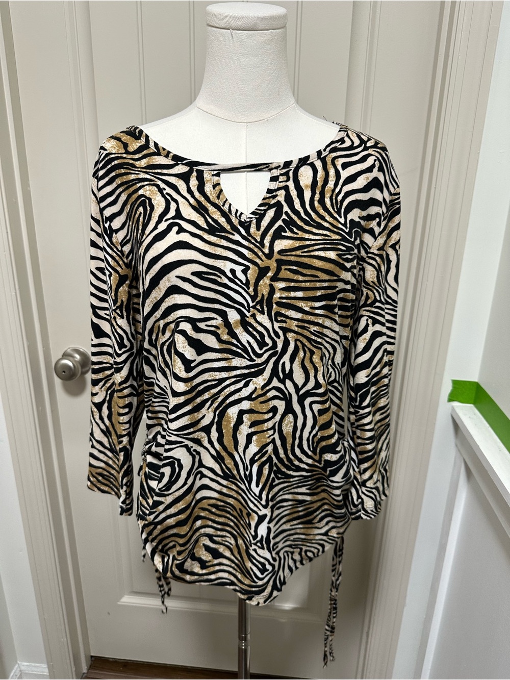Zebra-Print Long Sleeve Top in Black, White & Gold